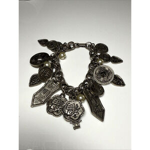 Vintage Chinese Big Charms Glass Pearls Good Luck Silver Tone Bracelet